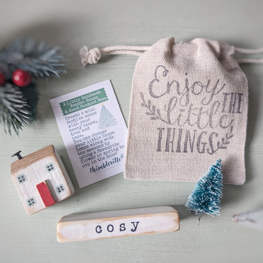 Little Wooden Handmade House in a Bag with Christmas Tree Cosy