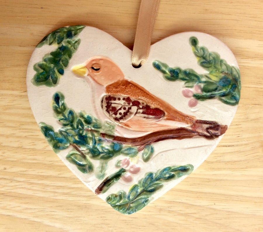 Bird on heart hanging ornament  - Pink brown and green wall home decor 1LL