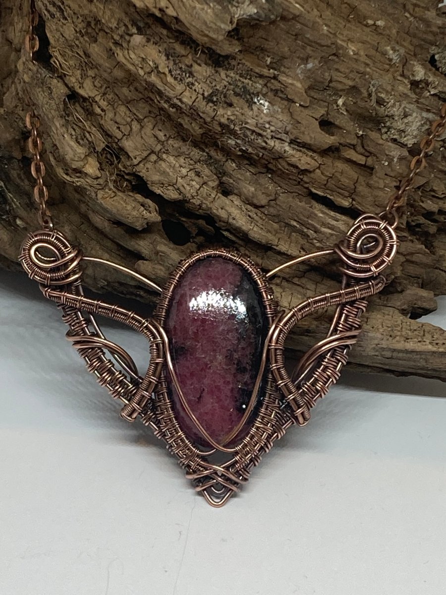 Copper wire weave and Rhodonite necklace