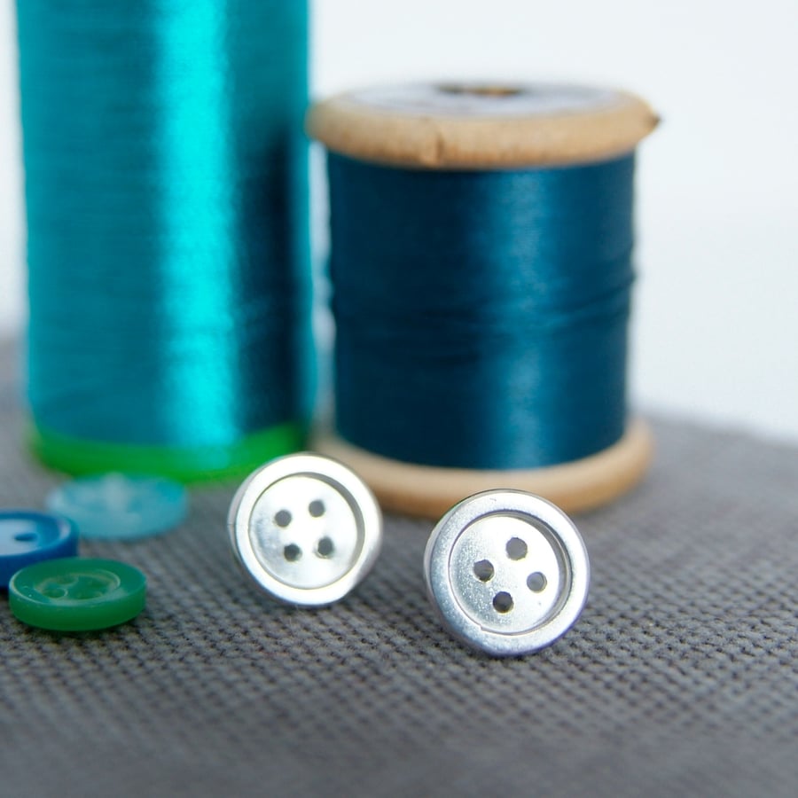 Silver Button Stud Earrings, Handmade Sterling Silver, Gift for Seamstress