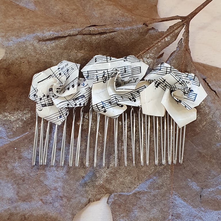 Vintage Style Rose Hair Comb: Origami Sheet Music Paper Flower, sustainable