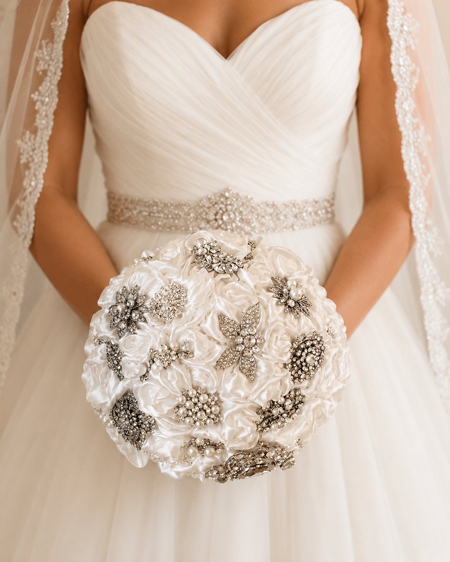 Ivory Satin & Silver Brooch Bridal Bouquet