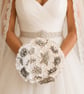Ivory Satin & Silver Brooch Bridal Bouquet - Image 1