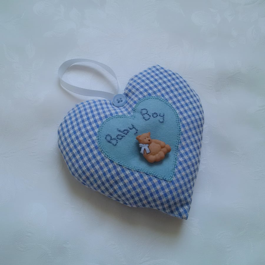 Fabric heart, baby boy, blue, white, gingham, nursery decoration,  newborn, 