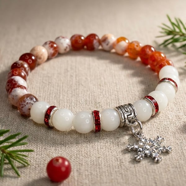 Handmade Festive Red Fire Agate & Snowflake Charm Bracelet