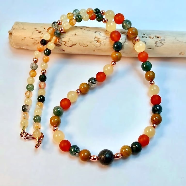 Agate, Carnelian, Ambronite & Copper Necklace - Handmade In Devon - Free UK P&P