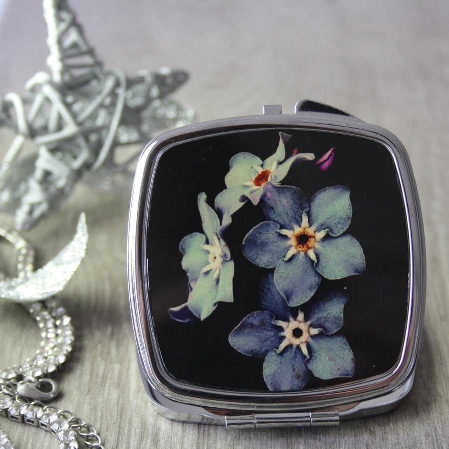 Compact mirror - pocket mirror - forget me not print 