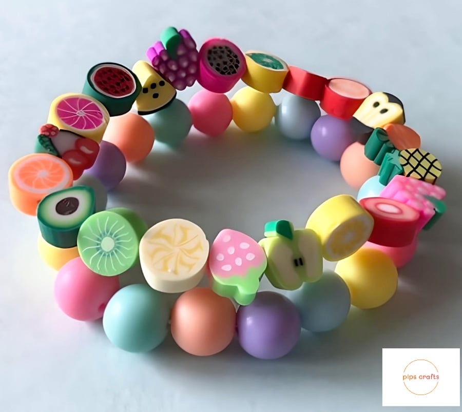 Fun Fruit & Rainbow Bead Stretchy Bracelet Duo, Quirky Jewellery, Gift Idea
