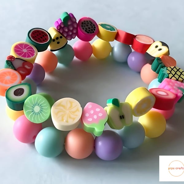Fun Fruit & Rainbow Bead Stretchy Bracelet Duo, Quirky Jewellery, Gift Idea