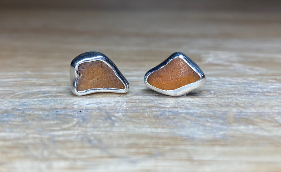 Handmade Sterling & Fine Silver Stud Earrings with Amber Welsh Sea-Glass