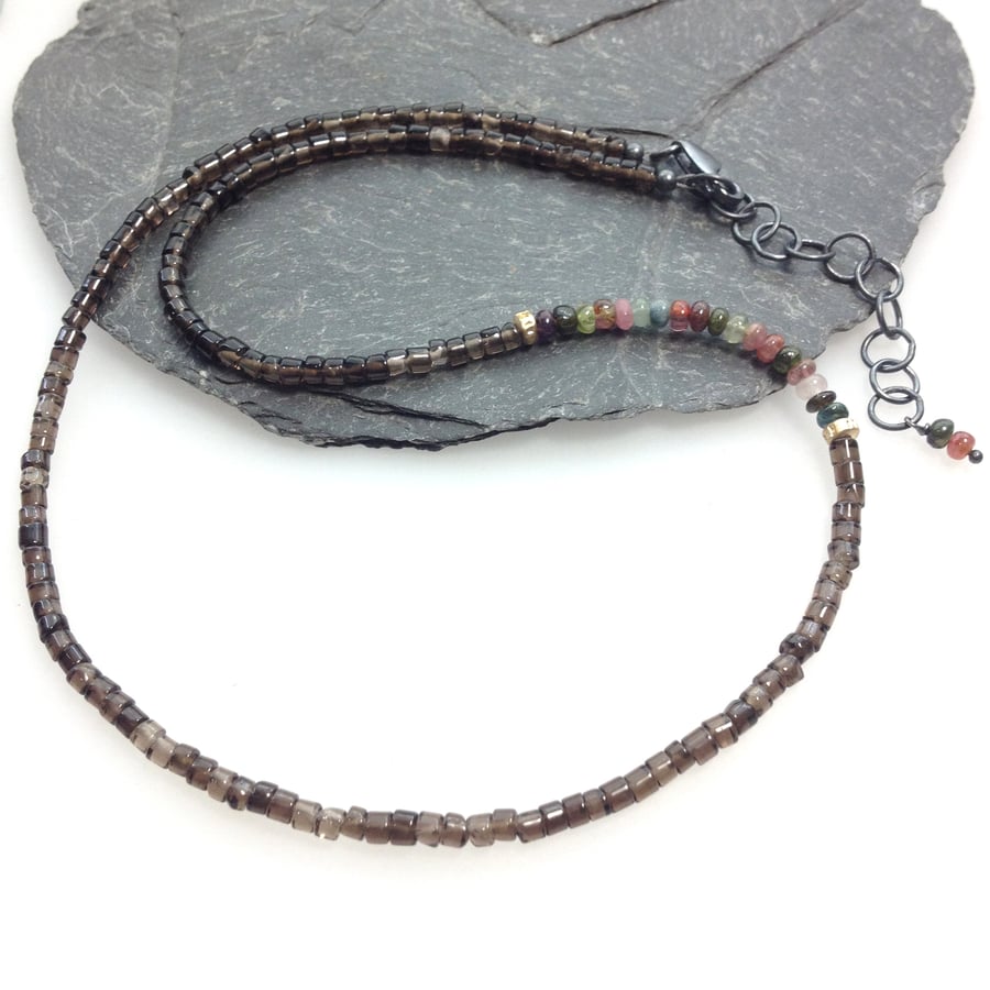 smokey quartz, tourmaline, 18ct gold and sterling silver necklace.