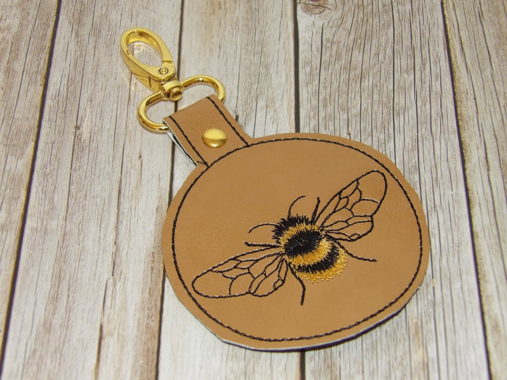 Bee embroidered keyring or bag charm faux leather 