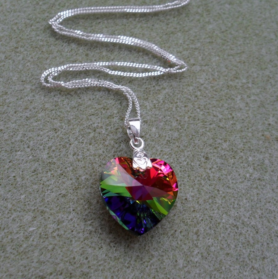Sterling Silver Rainbow Crystal Heart Pendant With Crystal Heart From Swarovski