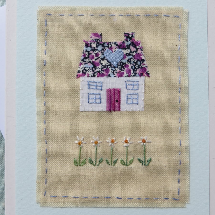 Daisy Cottage card, hand-stitched, for any occasion, a card to keep!