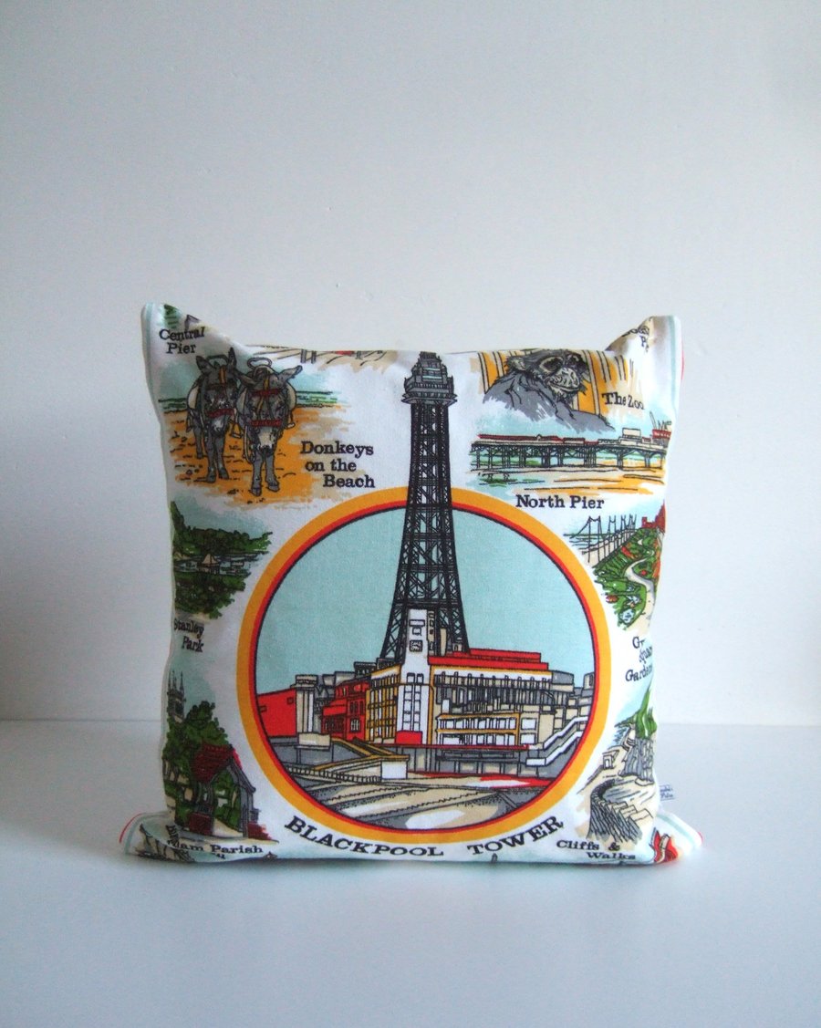Cushion and pad with illustrations of Blackpool, made from a vintage tea towel