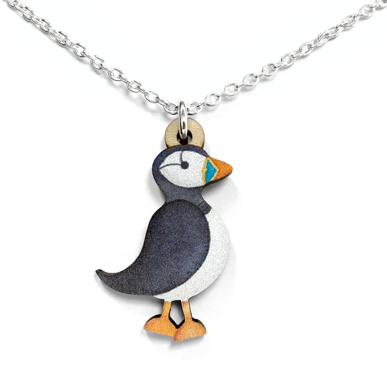 Puffin Necklace. Wooden Pendant. Sterling Silver Seaside Jewellery.