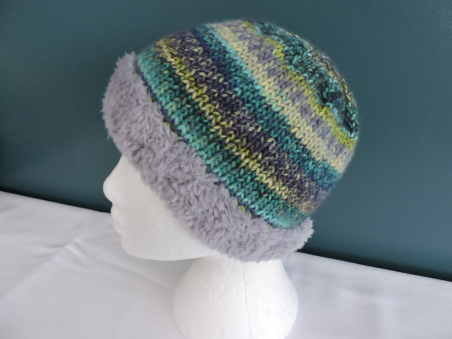 Beanie Hat with Fluffy Brim Knitted in a Chunky Yarn Teal Slate Blue Lime Cream
