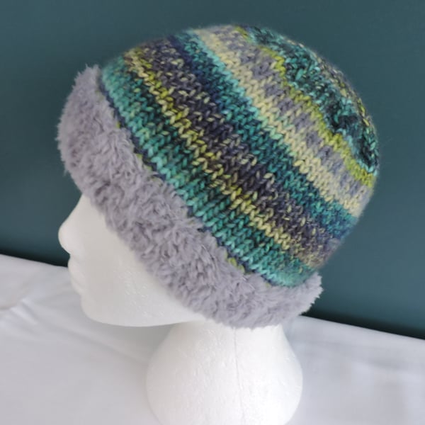Beanie Hat with Fluffy Brim Knitted in a Chunky Yarn Teal Slate Blue Lime Cream
