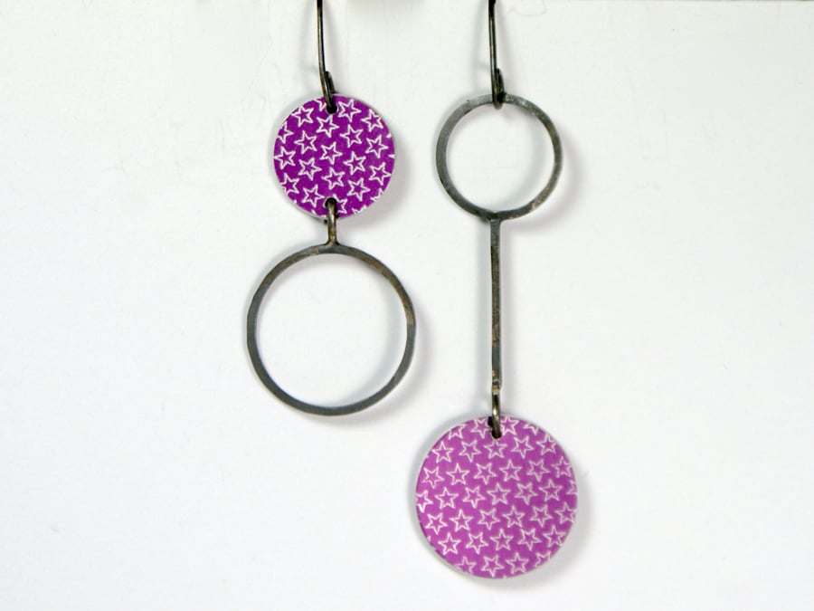 Oxidised and pink starry mismatched drop earrings