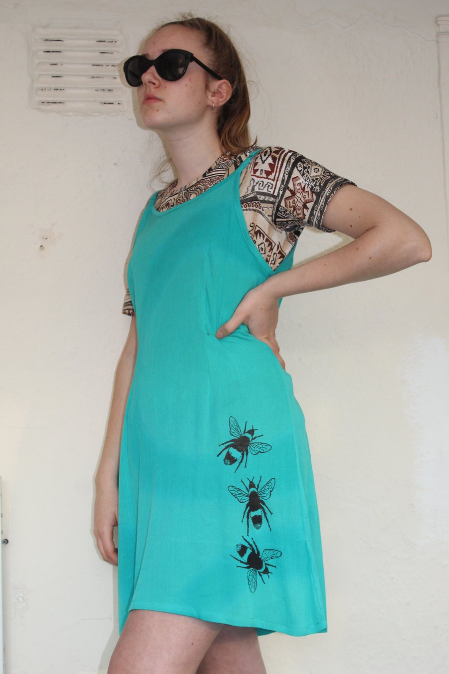 Turquoise sun dress Vintage 90's Ladies,bee print strappy reworked Eco dress,