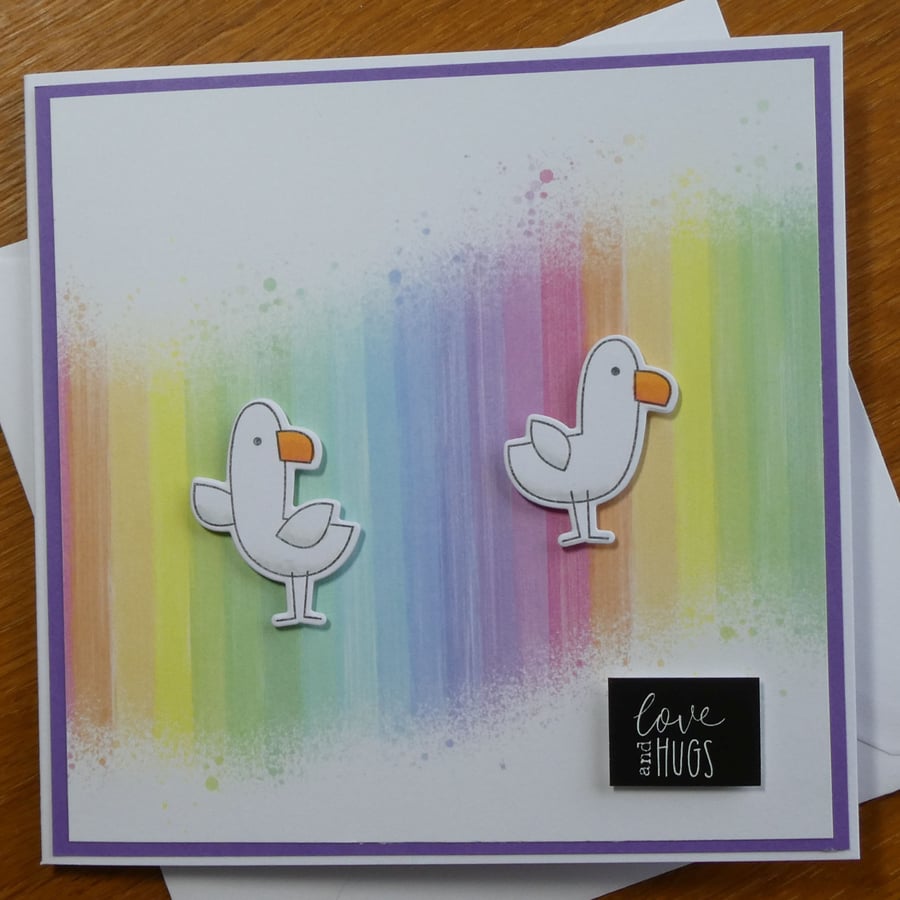 Bright Rainbow Stripe & Gulls Card - Valentine's , Birthday, Anniversary