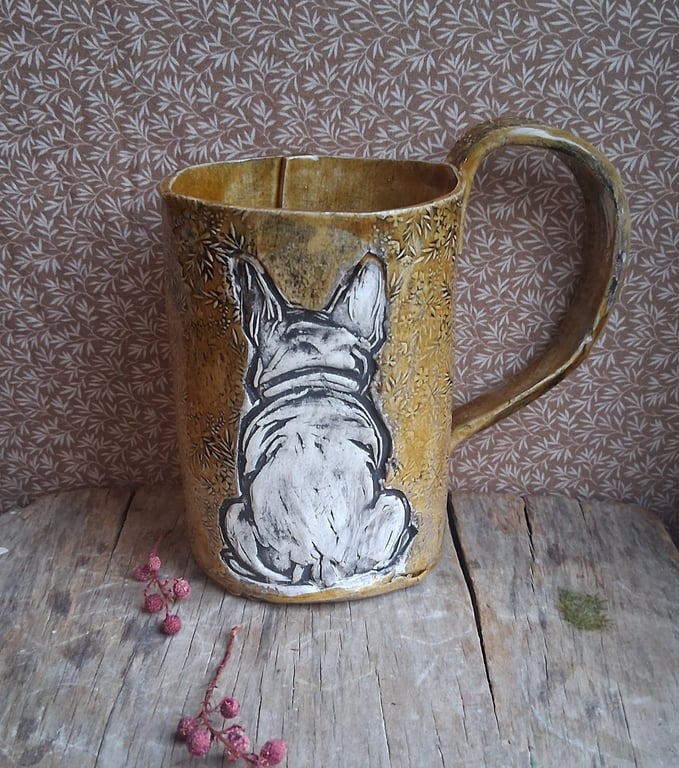 french bulldog linocut coffee mug, tea cup stoneware ceramic, ochre black and wh
