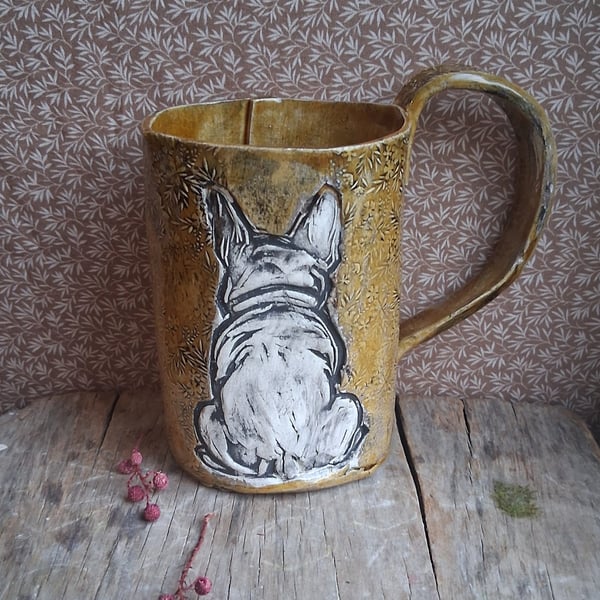 french bulldog linocut coffee mug, tea cup stoneware ceramic, ochre black and wh
