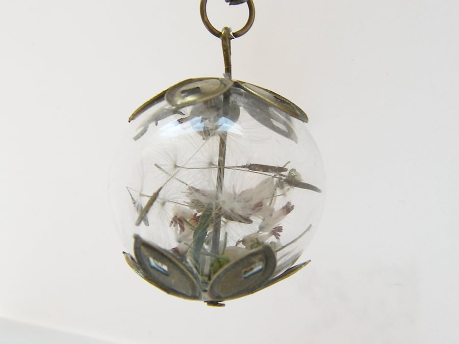 Lucky White Heather and Dandelion Seeds Necklace Pendant  - MAKE A WISH