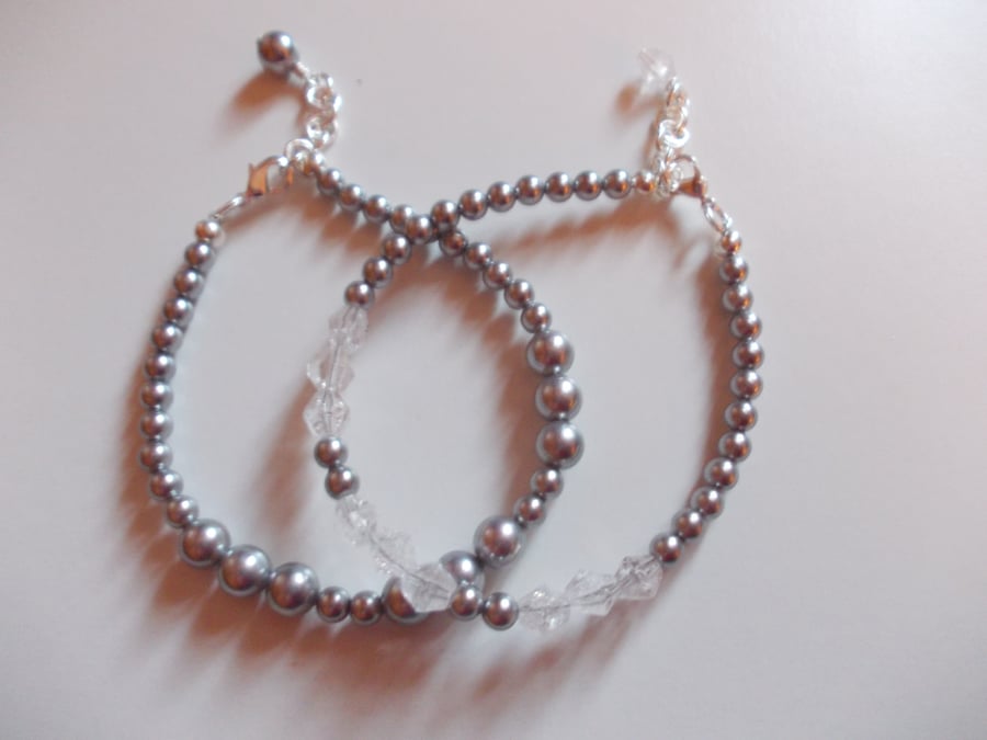 Delicate shell pearl and quartz bracelet duo