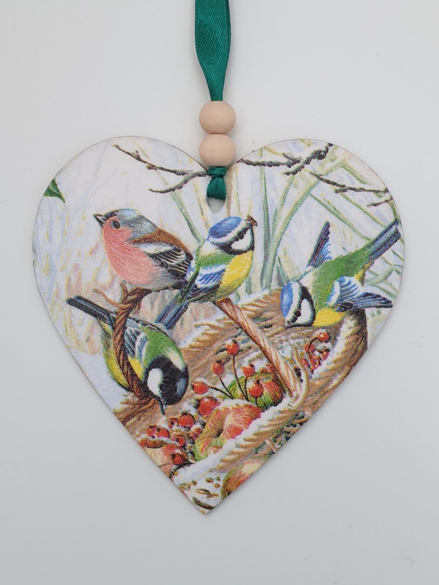Garden birds decoration, wooden heart hanging decoration, bird lover gift