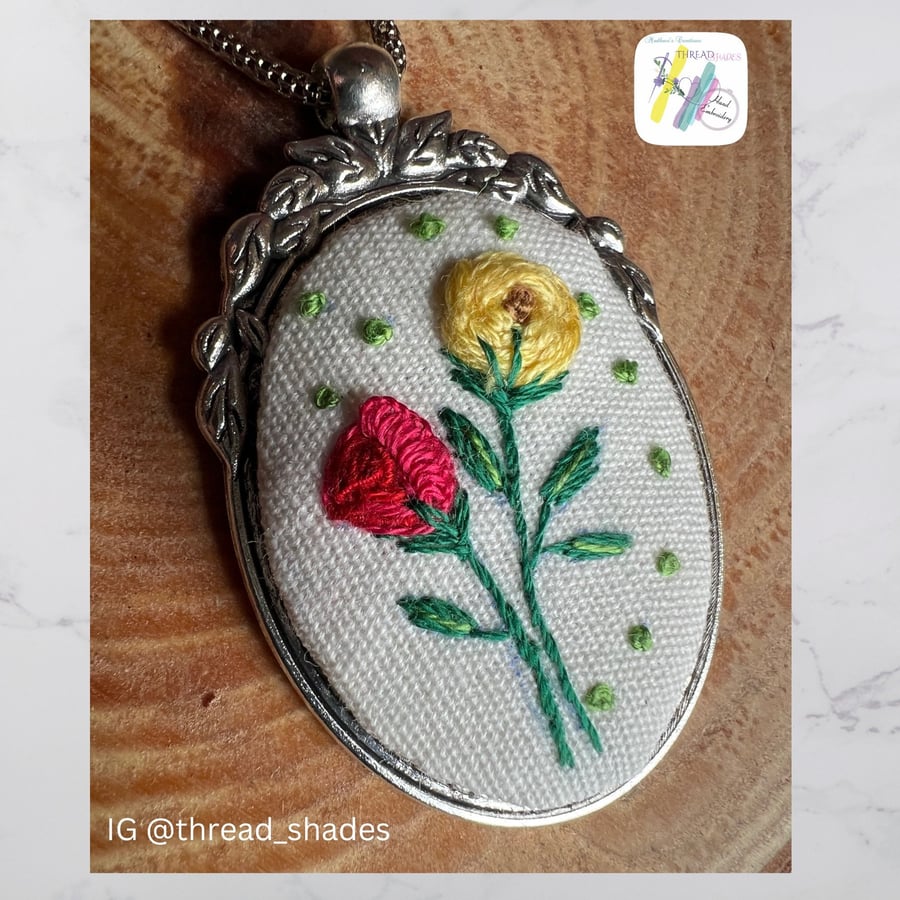 Rose embroidery pendant, hand embroidered, handmade necklace, yellow and red ros