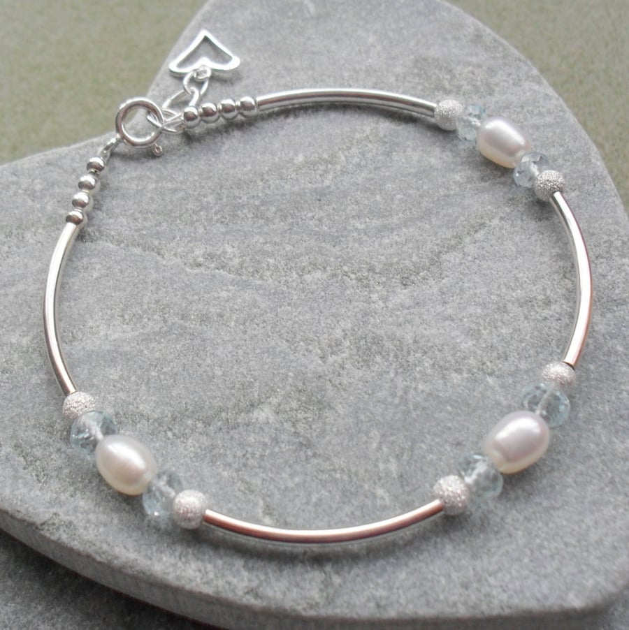 Sterling Silver Sky Blue Topaz and Freshwater Pearl Bracelet Stacker Bracelet