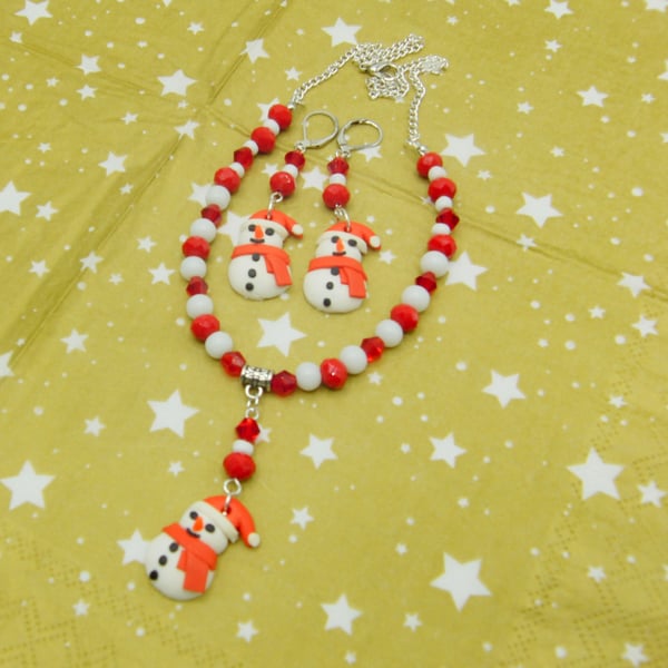 Clay Snowman Pendant on a Red and White Beaded Necklace and Earrings