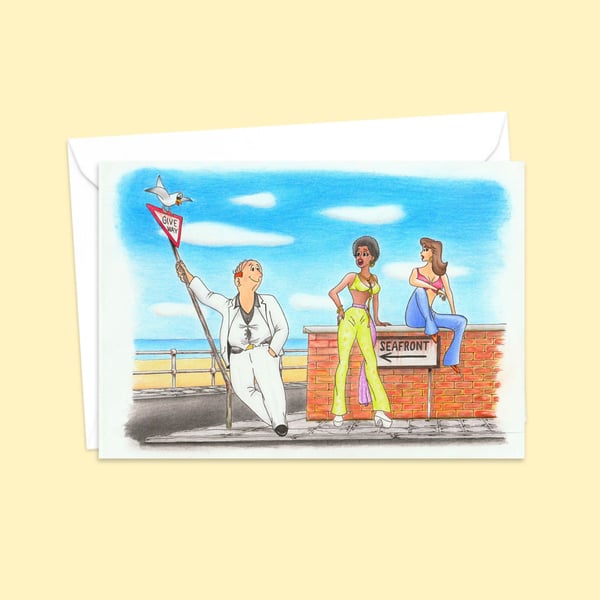 Seaside Postcard Greeting Card: Pencil Illustration with a Seventies Vibe (803)