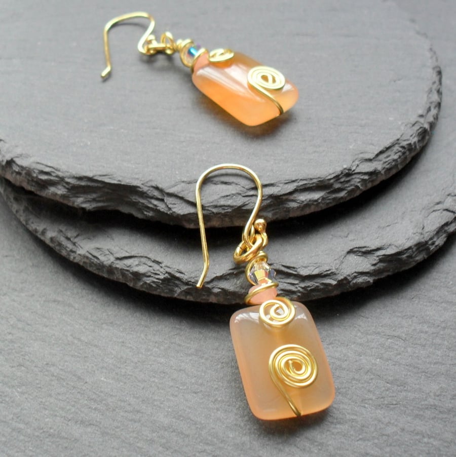 Orange Agate With Crystals From Swarovski Gold Plated Earrings
