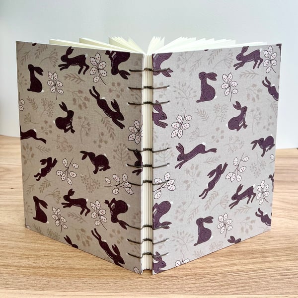 Hand Bound A5 Coptic Stitch Journal with Hares