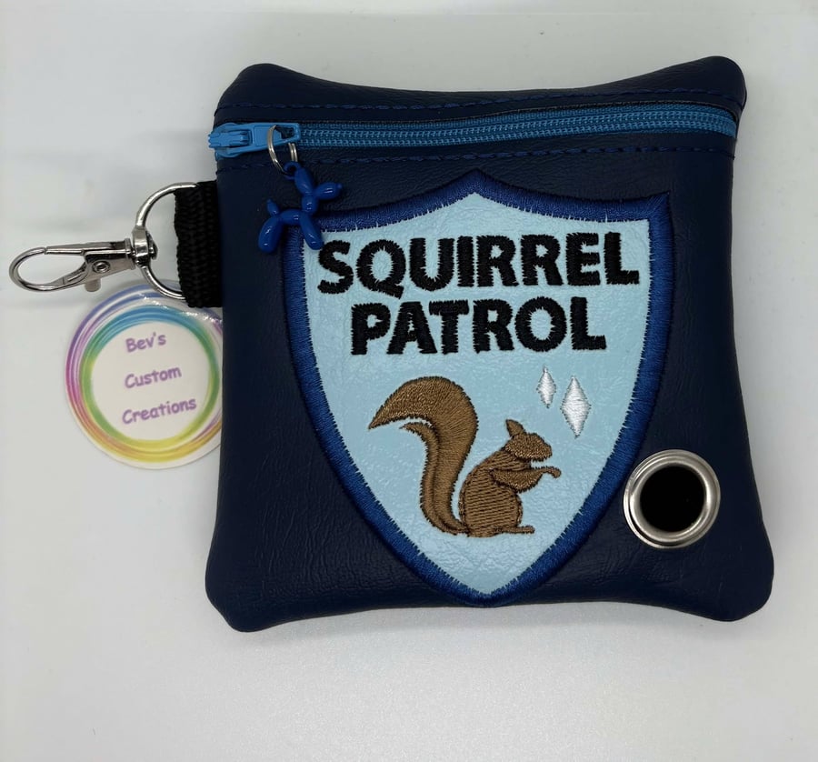 Squirrel Patrol, Embroidered Poo bag dispenser. - Blue