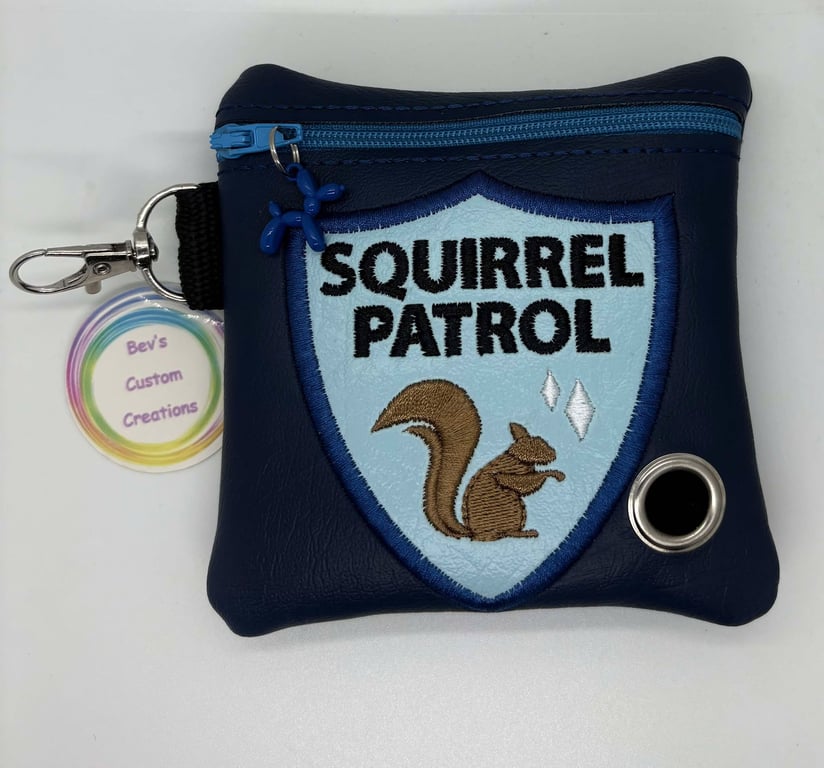 Squirrel Patrol, Embroidered Poo bag dispenser. - Blue