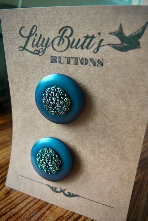 2 Vintage Teal Diamante Buttons 37mm
