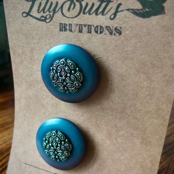 2 Vintage Teal Diamante Buttons 37mm