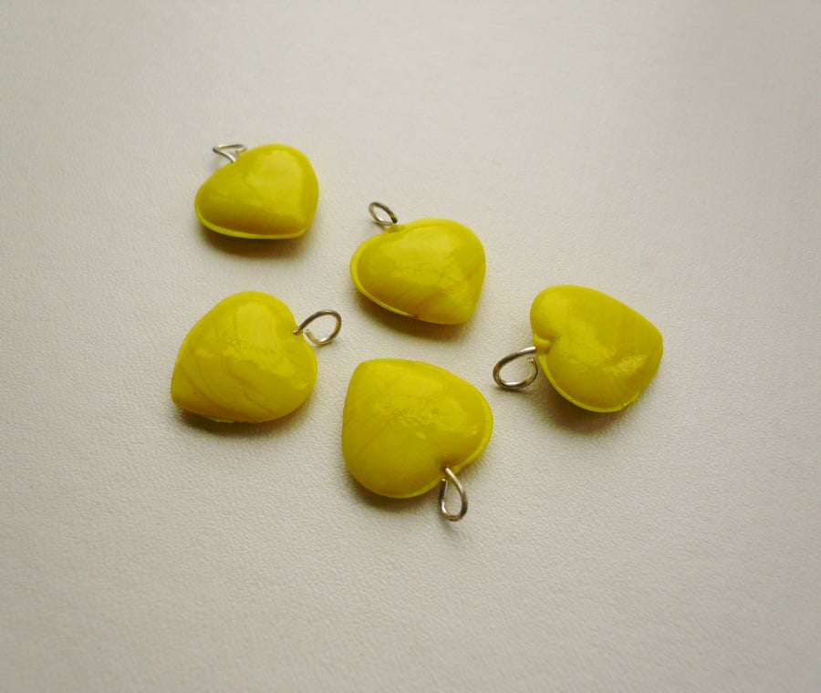 5 Bright Yellow Glass Heart Charms