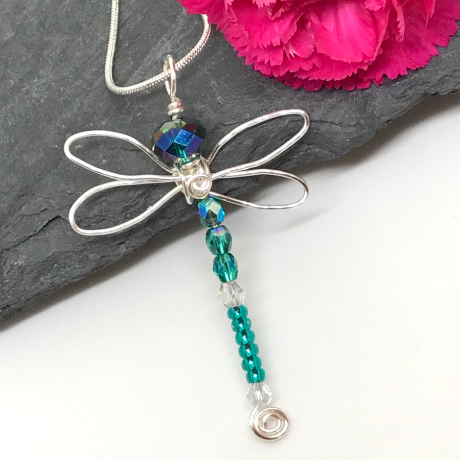 Dragonfly Pendant, Turquoise Green Crystals, Silver Plated, Gift For Her