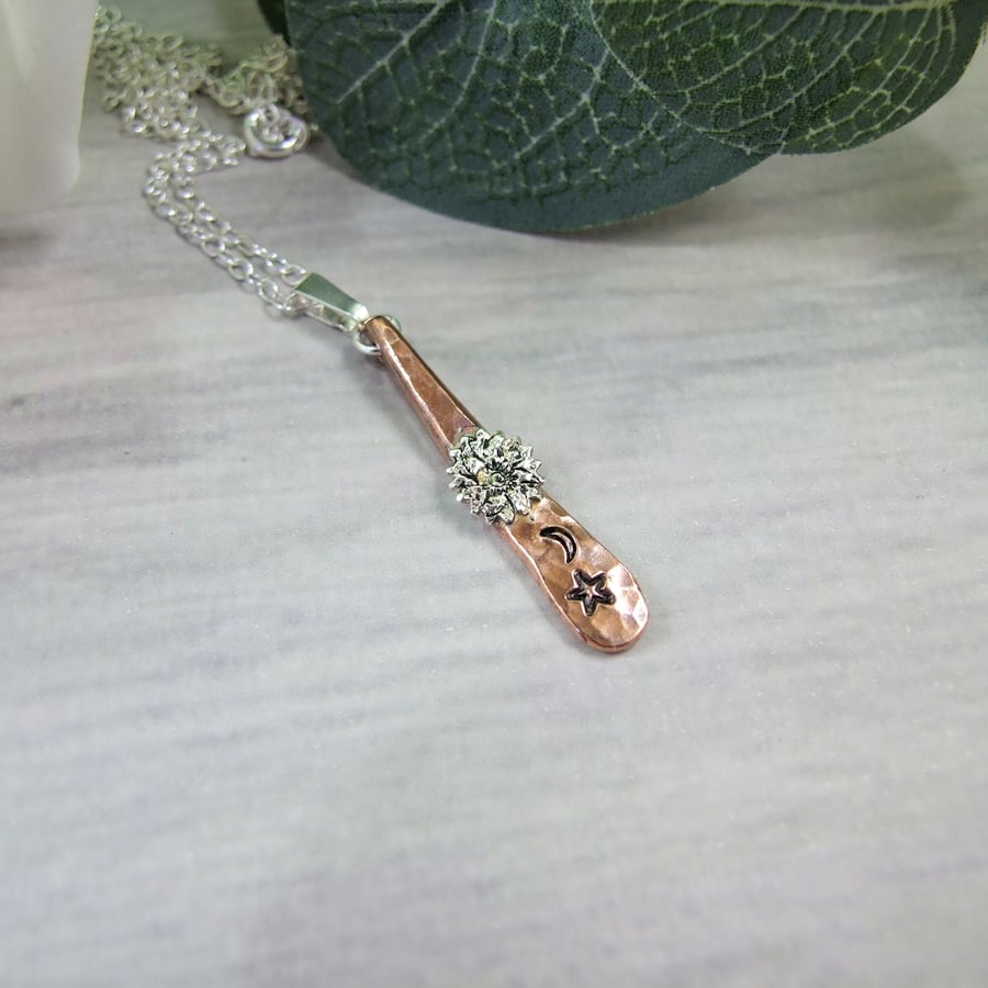 Sun, Moon & Stars Pendant. Copper and Sterling Silver