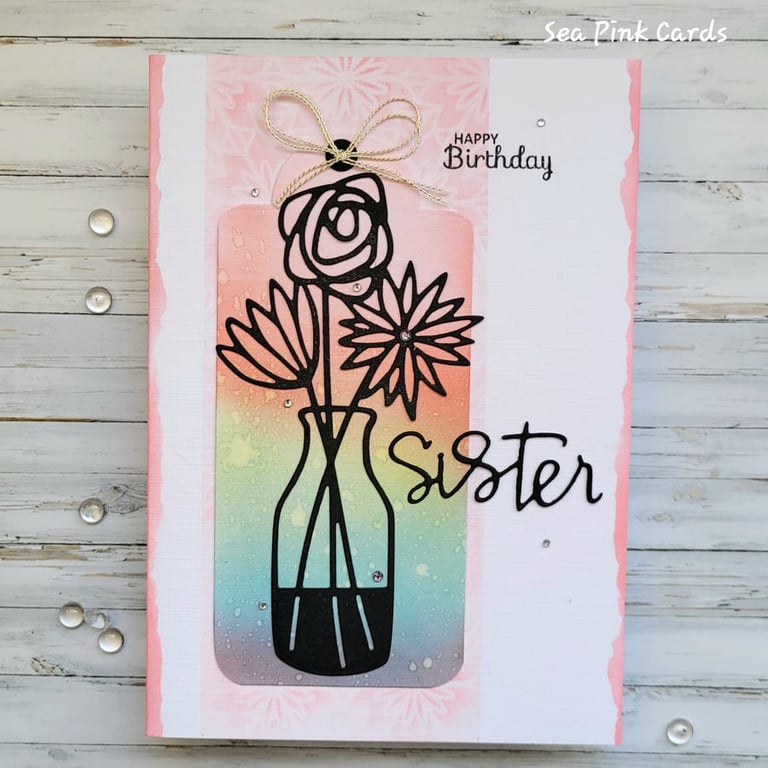 Sister birthday card, vase, flowers, blank inside, dimensional textured 