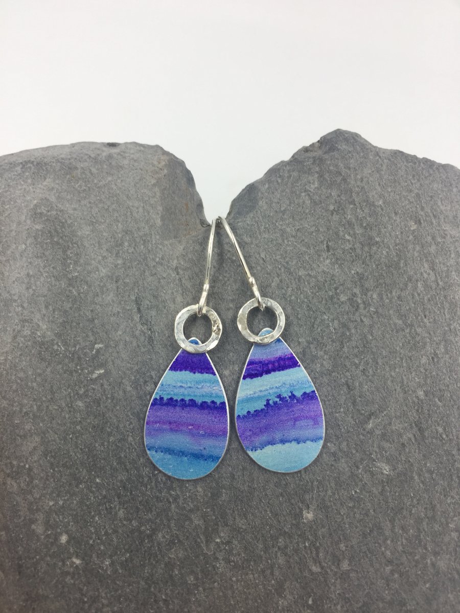 ‘Watercolour’ turquoise and purple drop earrings with hammered silver ring.