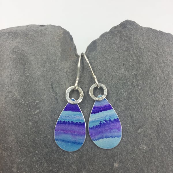 ‘Watercolour’ turquoise and purple drop earrings with hammered silver ring.