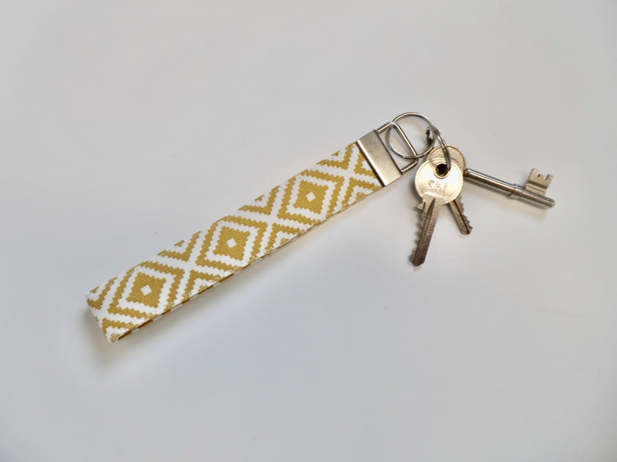 Key ring keyring wrist strap fob in yellow fabric