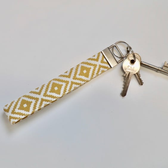 Key ring keyring wrist strap fob in yellow fabric 