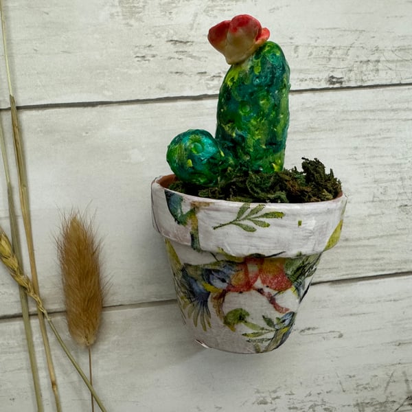 Handmade Painted Cacti Clay Plant in Decoupage pot