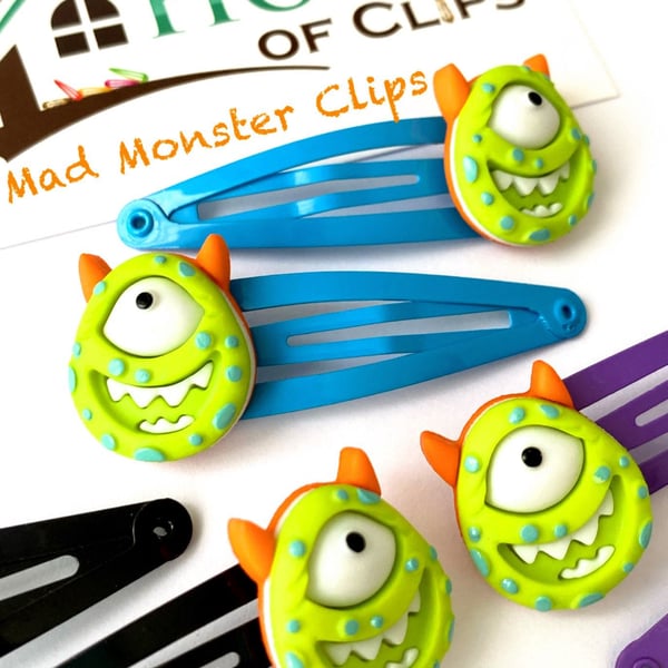 Mad Monster Hair Clips x2 - Monster Non Slip Barrettes - Monster Hair Slides - H